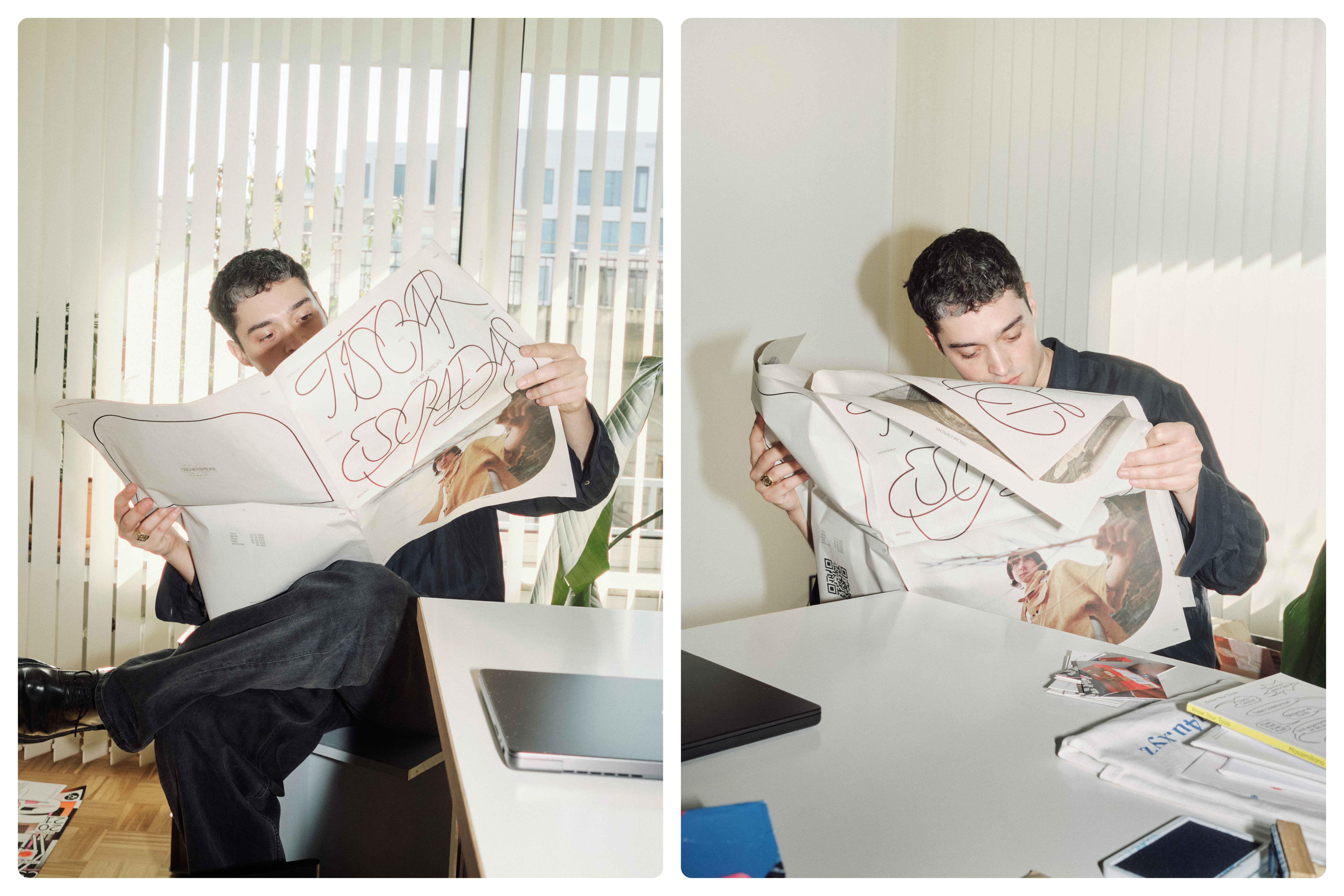 Massimiliano Audretsch reading the 2022 Tìscar Espadas lookbook.
