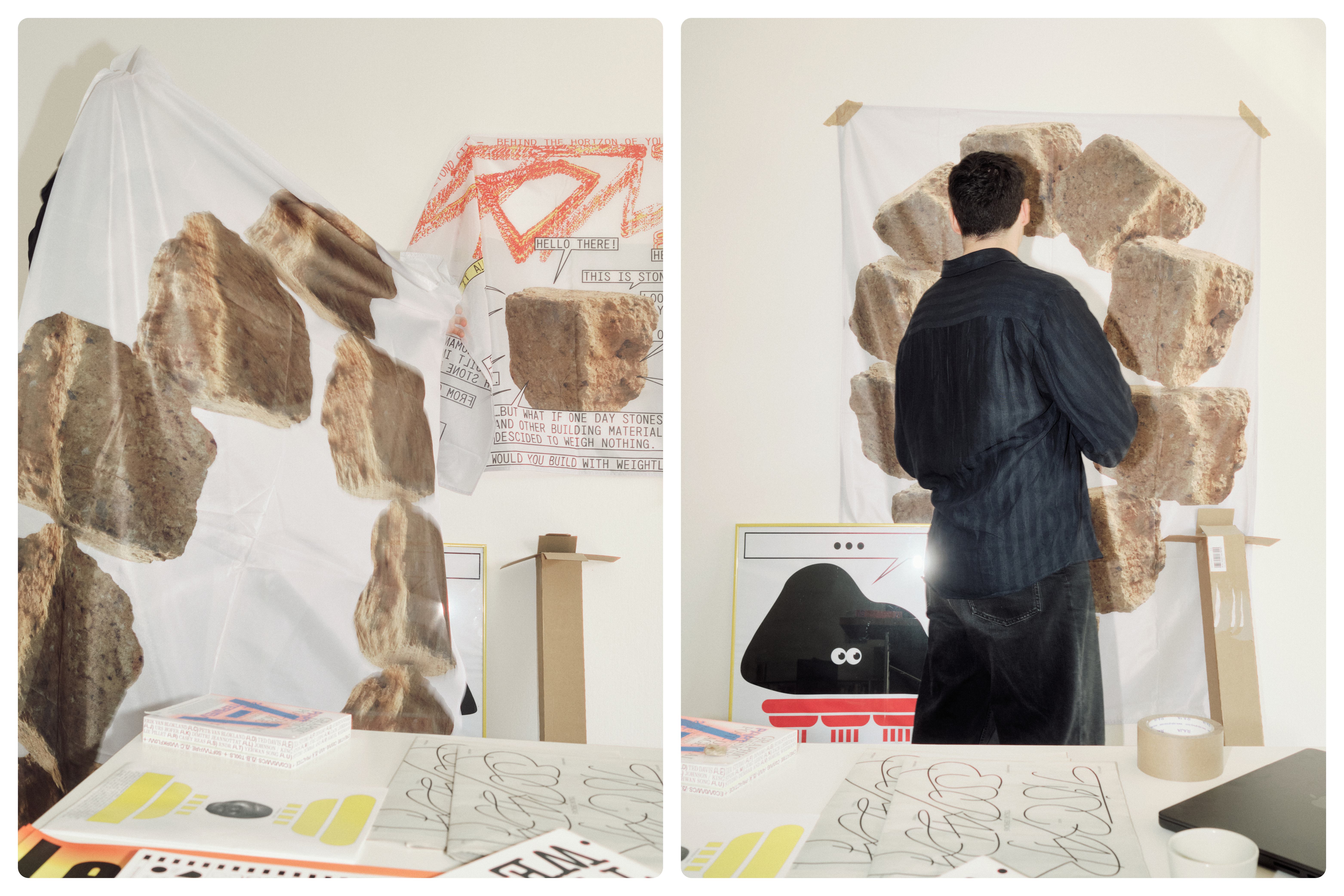 Massimiliano Audretsch hanging up the flags he designed DDP Dongdaemun Design Plaza in Seoul.