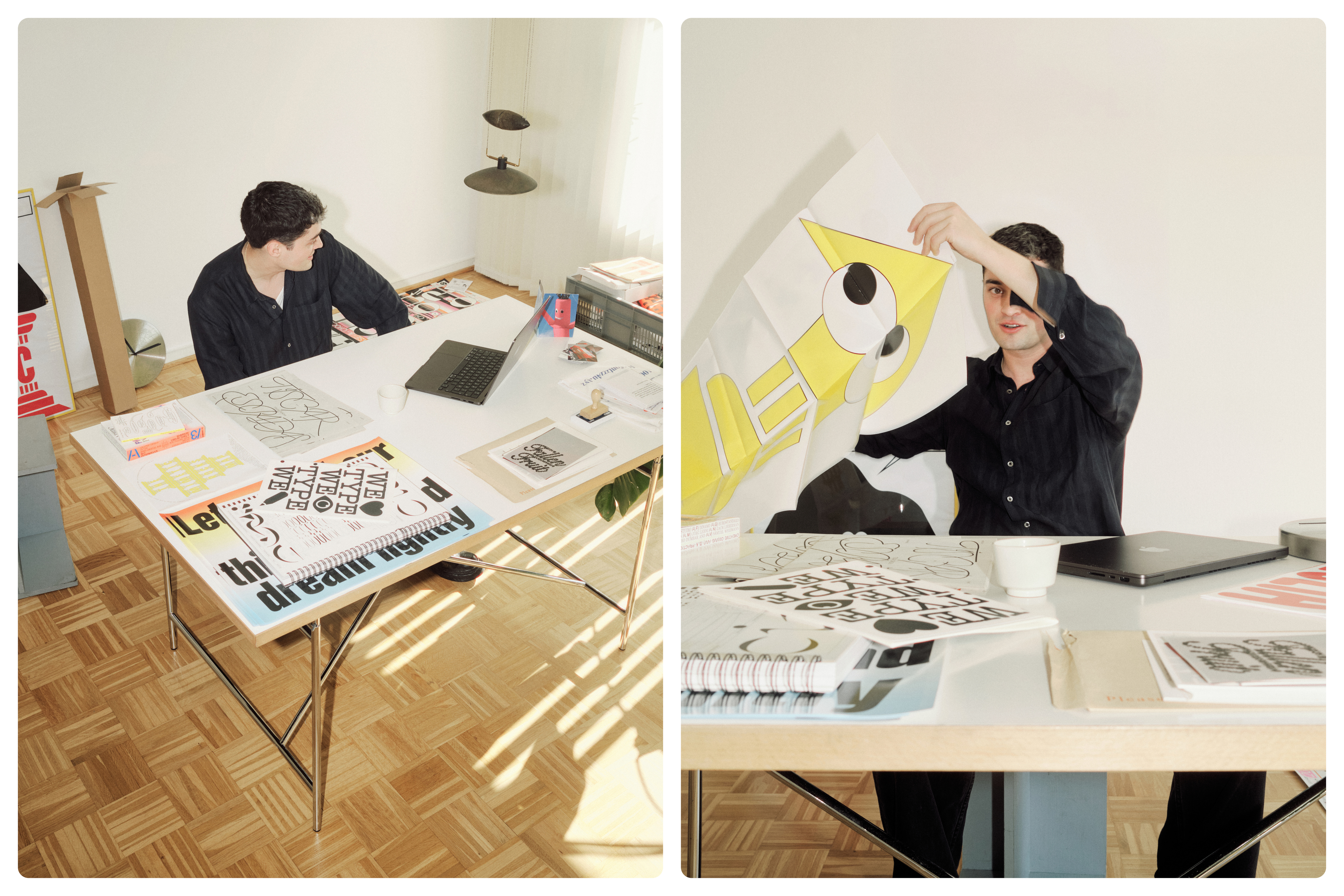 Massimiliano Audretsch looking around his studio, happy to present the mimetic rocks map he designed in 2023 for the Academy of Arts in Bern.